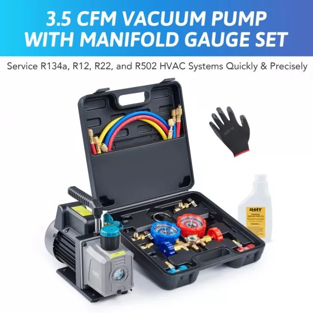 OMT 3.5 cfm 1/4hp HVAC Vacuum Pump Kit & A/C Manifold Gauge Set Can Tap &3 Hoses
