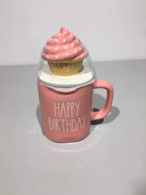 Rae Dunn Mug "Happy Birthday" With Cupcake Lid, Pink (New)