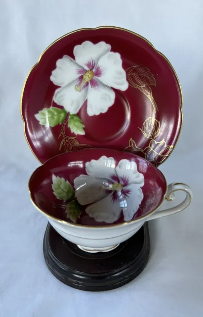 Vtg Occupied Japan Trimont China Hibiscus Hand Painted Cup & Saucer 1940s 50s #1