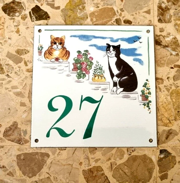 Vintage french enamel house sign cat flower number 27 for door wall street gate