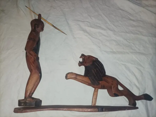 Tribal Hand Carved Wooden African Statue Fighting A Lion W/Spear