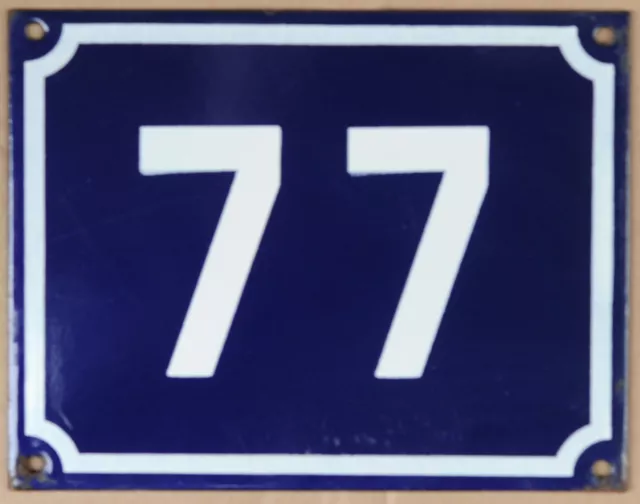 Large old blue French house number 77 door gate plate plaque enamel sign NOS