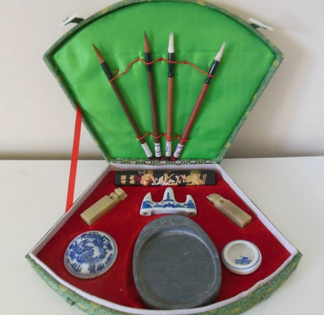 Chinese Calligraphy Set Brush Soapstones Ink in Clamshell Covered Case
