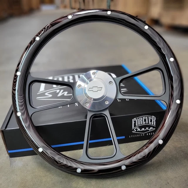14" Black Steering Wheel Dark Pine Rivets Wrap Billet Licensed Chevy Bowtie Horn