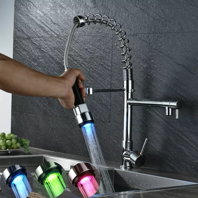 LED Kitchen Faucet Swivel Spout Single Handle Sink Pull Down Sprayer Mixer Tap