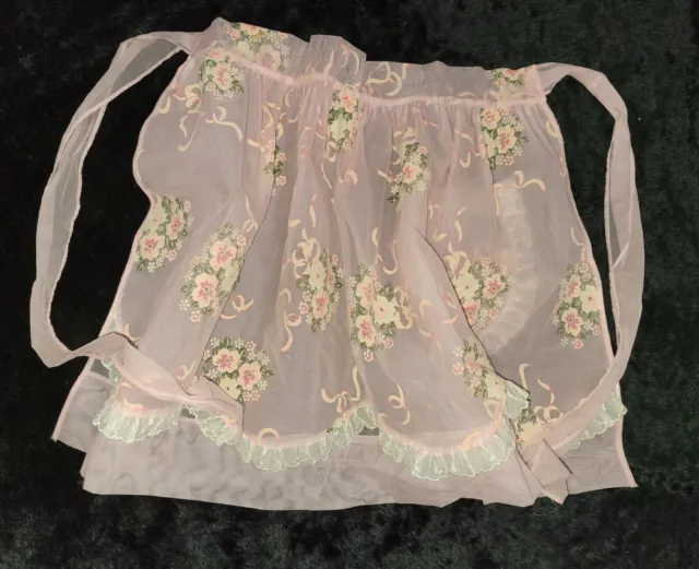 Vintage Pink Sheer Apron Multi Color Flowers  U Shape Pocket lace