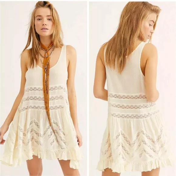 Intimately Free People Voile And Lace Trapeze Slip White Mini Dress NWT $88 S