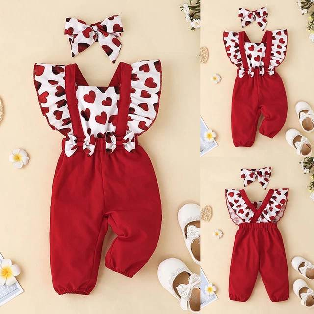 Newborn Infant Baby Girl Heart Jumpsuit Bodysuit Playsuit Headband Outfits Set