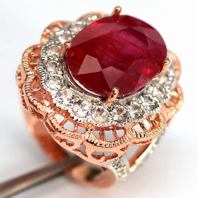 11 x 16 Mm. Rot Rubin & Weiß Topas Zwei Farbtöne Ring 925 Silber