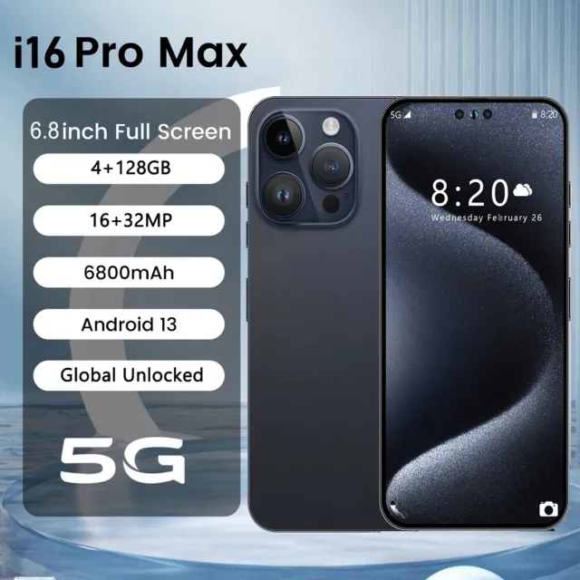 Smartphone 6,8 pouces i16 Pro Max Android 13 double SIM 128Go téléphone débloqué