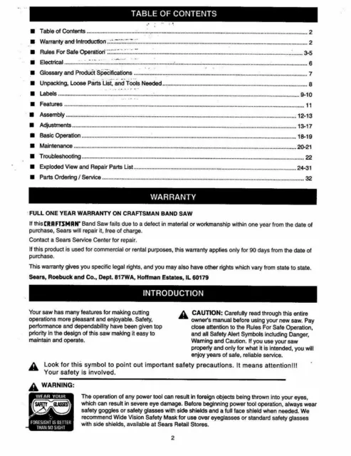 Band Saw Owners Operators Instruction Parts Manual 1998 Craftsman 9" 315.214490