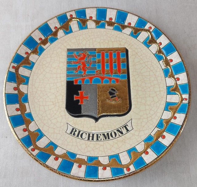 Ancienne assiette émaillée décor blason Richemont, Moselle, émaux Longwy