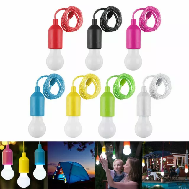 Portable LED Bulb Light On Rope Pull Cord Hanging Reading Lamp Battery Operated