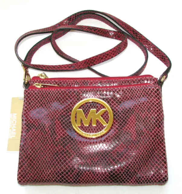 New-Michael Kors Fulton Rouge Python Cuir + Doré Bandoulière Épaule,Sac à Main +