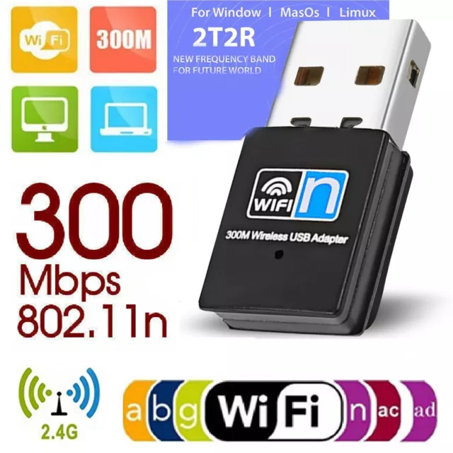 Mini USB Wireless WiFi Adapter Dongle Network LAN Card 300Mbps 2.4GHz PC Laptop