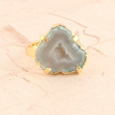 Geode Druzy Band Ring Size Adjustable Handcrafted Brass Unique Gift Jewelry