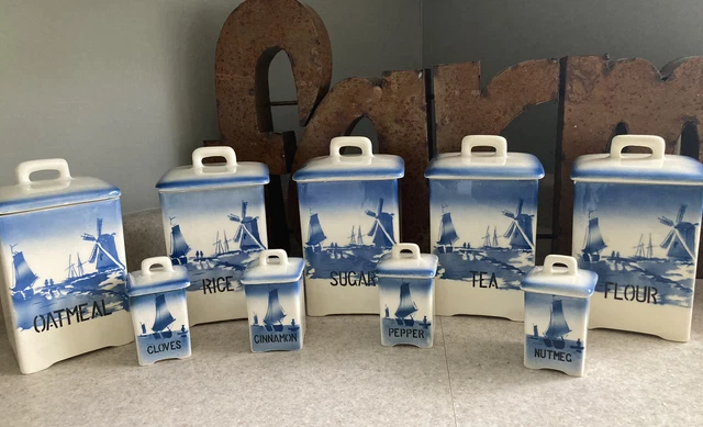 c.1920’s Ditmar Urbach Czechoslovakia Ceramic Canisters Blue Windmill Set of 9 c.1920’s Ditmar Urbach Czechoslovakia Ceramic Canisters Blue Windmill Set of 9