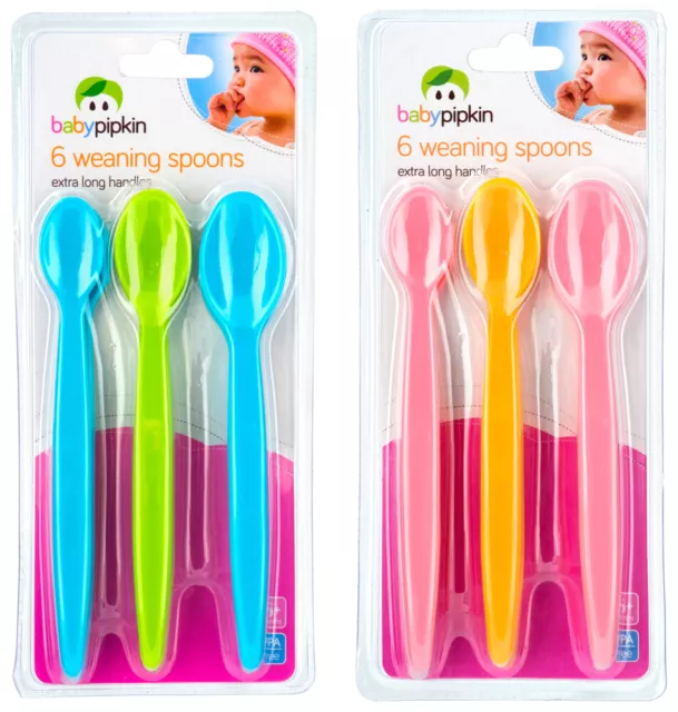 BABY WEANING FEEDING SPOONS 6 Pack Plastic Long Handles Toddler Kids 6 Month+