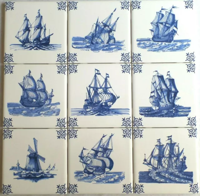 Blue Nautical Delft Design Ship Windmill Set of 9 of 4.25" Ceramic Tiles Repro