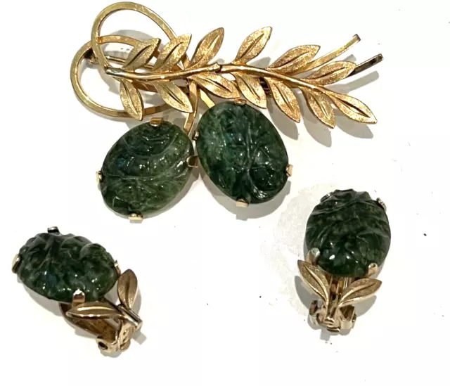 Vintage Gold Filled Carved Jade Brooch & Earrings Set