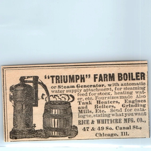 1890 Whitacre "Triumph" Farm Boiler Steam Generator Print Ad Engraved Barrel C38