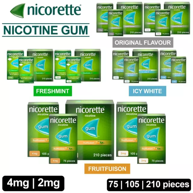 Nicorette Chewing Gum Original Fruitfusion IcyWhite 2mg 4mg 75 105 210 Pieces UK