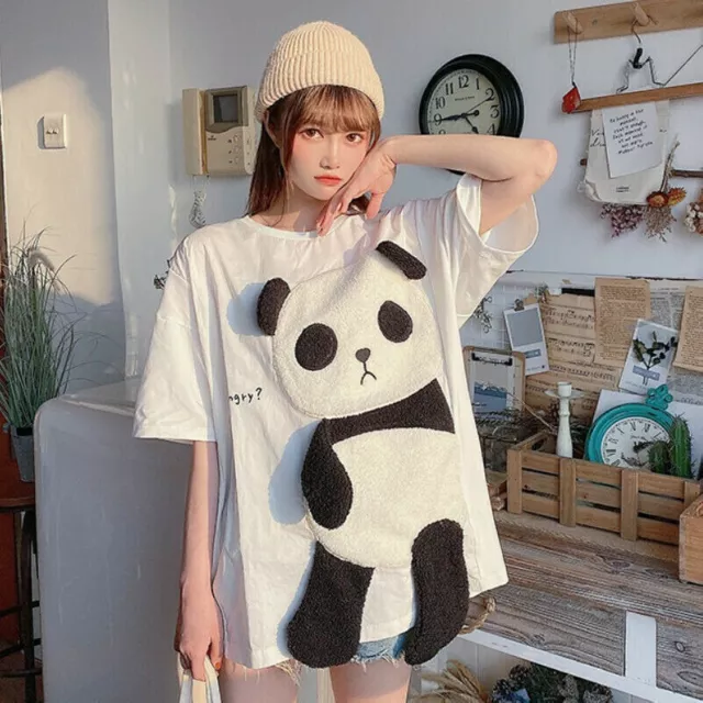 Women Loose T Shirt Blouse Panda Cute Short Sleeve Tee Top Casual Harajuku White