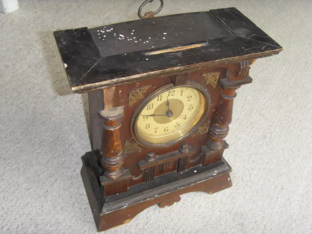 Ancienne horloge ressort bois avec carillon tambour VINTAGE clock clé mécanique