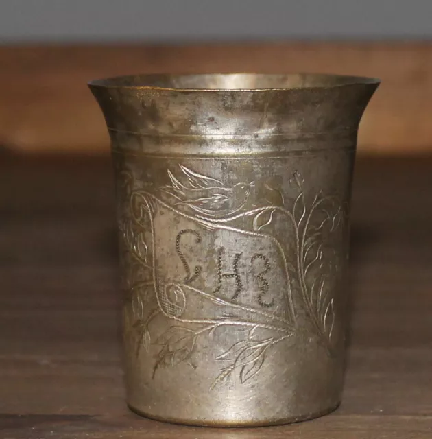 Antique hand made silver plated brass floral engraved cup mug