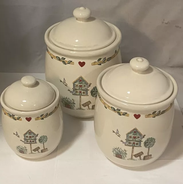 Set Of 3 Thomson Pottery China Birdhouse Canister Set W/Lids