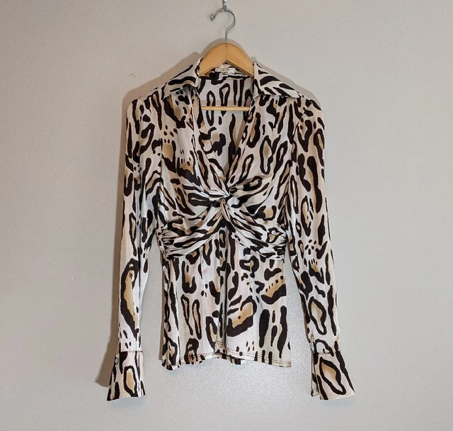 Vintage Cache Satin Leopard Cheetah Brown Print V Neck Top Sz XS Y2K Collar USA Vintage Cache Satin Leopard Cheetah Brown Print V Neck Top Sz XS Y2K Collar USA