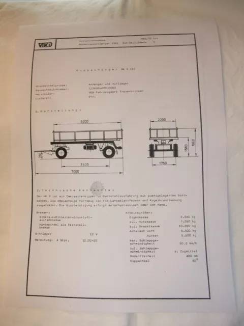 DDR Werbung Reklame Prospekt Datenblatt Kippanhänger HK 8 VEB Treuenbritzen 1981