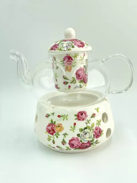 2 Pc Tea Set Glass Teapot 600ml With Porcelain Infuser + Porcelain Round Warmer
