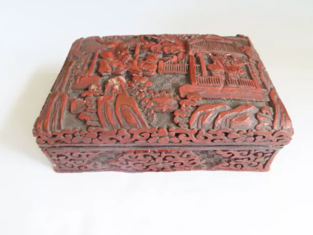 Vintage Antique Chinese Cinnabar Lacquer Hand Carved Trinket Jewelry Box