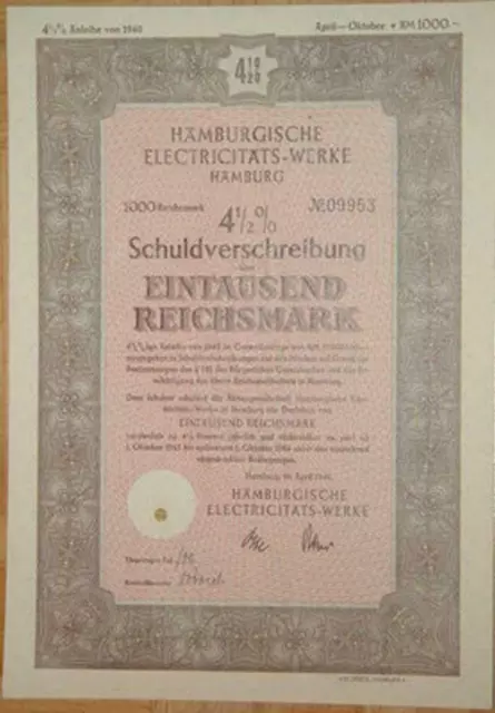 LOT 10 X Hamburgische Electricitäts-Werke 1940 4,5 % 1000 RM