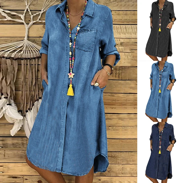 Femmes Denim Midi Robe Manches Longues Revers Décontracté Chemise Grande Taill *