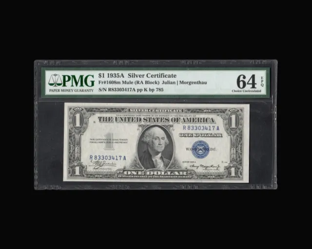 1935-A $1 MULE Silver Certificate PMG UNC 64 EPQ Fr. 1608m R-A Block