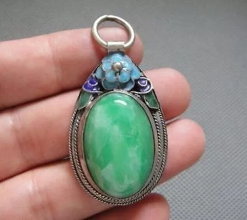 Rare Antique Chinese Silver Enamel Mosaic Jade Pendant