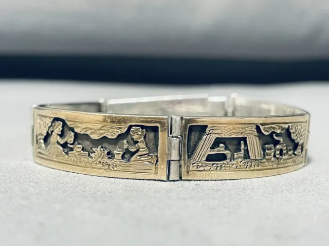 Time Consuming Hand Carved Vintage Navajo Sterling Silver Gold Bracelet