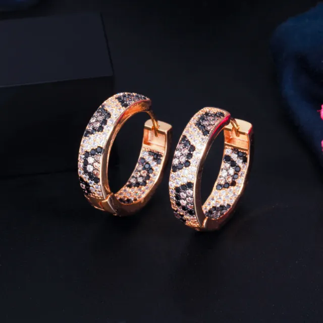 Multi-Tone Gold Plated Heavy Work Micro Pave CZ Big Circle Leopard Hoop Earrings
