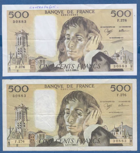 Très Rare Paire De Billets De 500 Francs Pascal: Un Faux Et Un Vrai