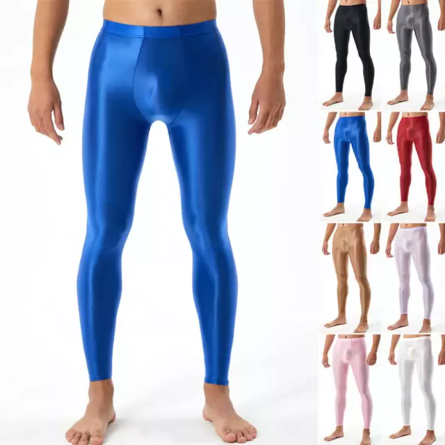 Men's Leggings Shiny Glossy Skinny Yoga Running Gym Fitness Workout Sport  Pants