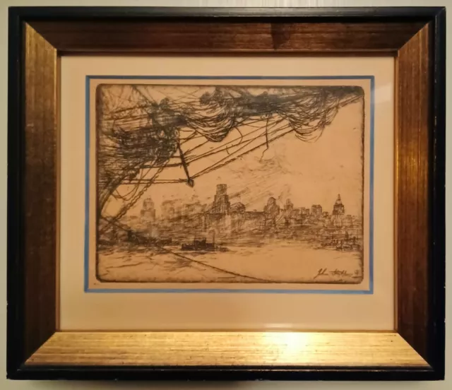 Antique John Stoll Etching. Early 20th Century San Francisco Skyline