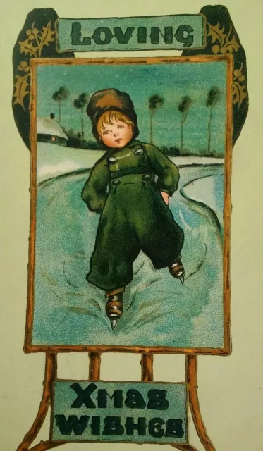 Christmas UK Antique Postcard Early 1900s Rare Ice Skate Child Tuck Emboss