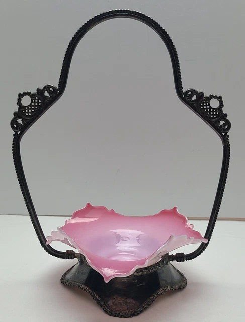 Silverplate Victorian Brides Basket Pink & White Ruffled Cased Glass Bowl