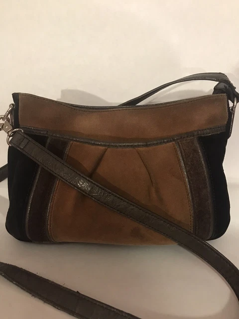 Tignanello Black and Brown Suede Purse Tote Bag Satchel Crossbody Organizer