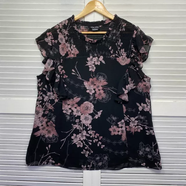 City Chic Top Womens 16 Plus Size Small Black Floral Short Sleeve Ruched Ruffle