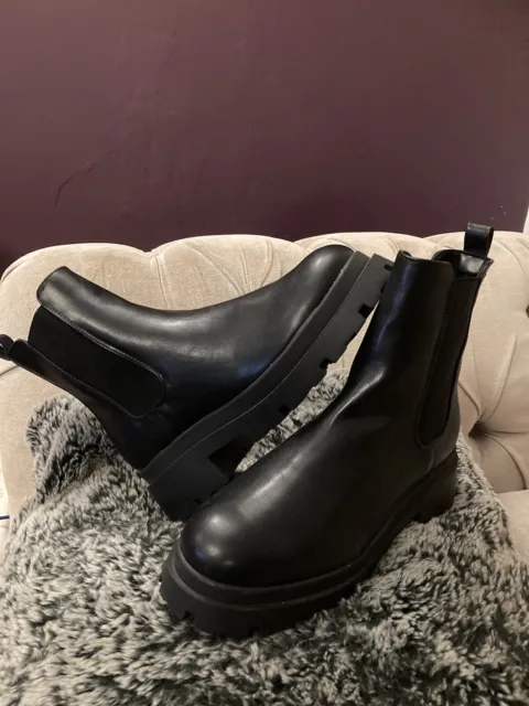 ASOS UK Size 8 Wide Black Faux Leather Chunky Chelsea Boots New
