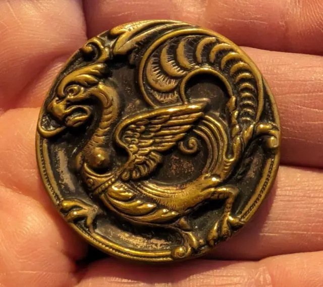 Vintage Dragon Picture Button Story Shank Metal Brass Gold Tone
