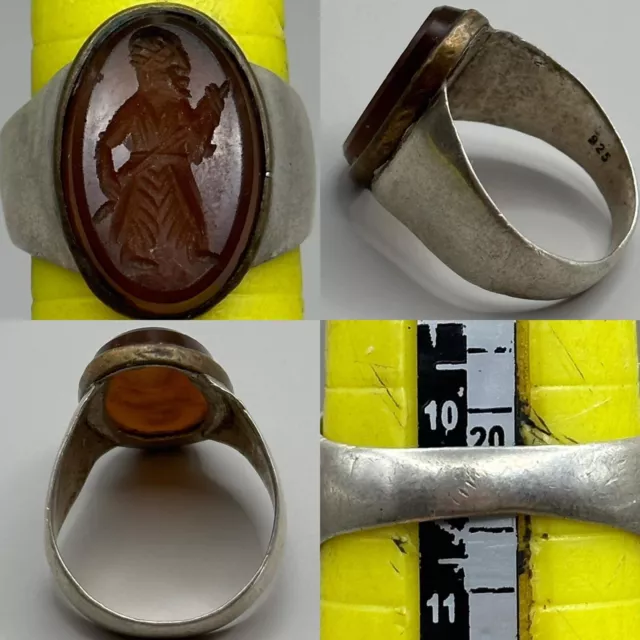 Ancient Medieval Silver Ring with Carnelian Intaglio Seal Ca. 6th Century AD